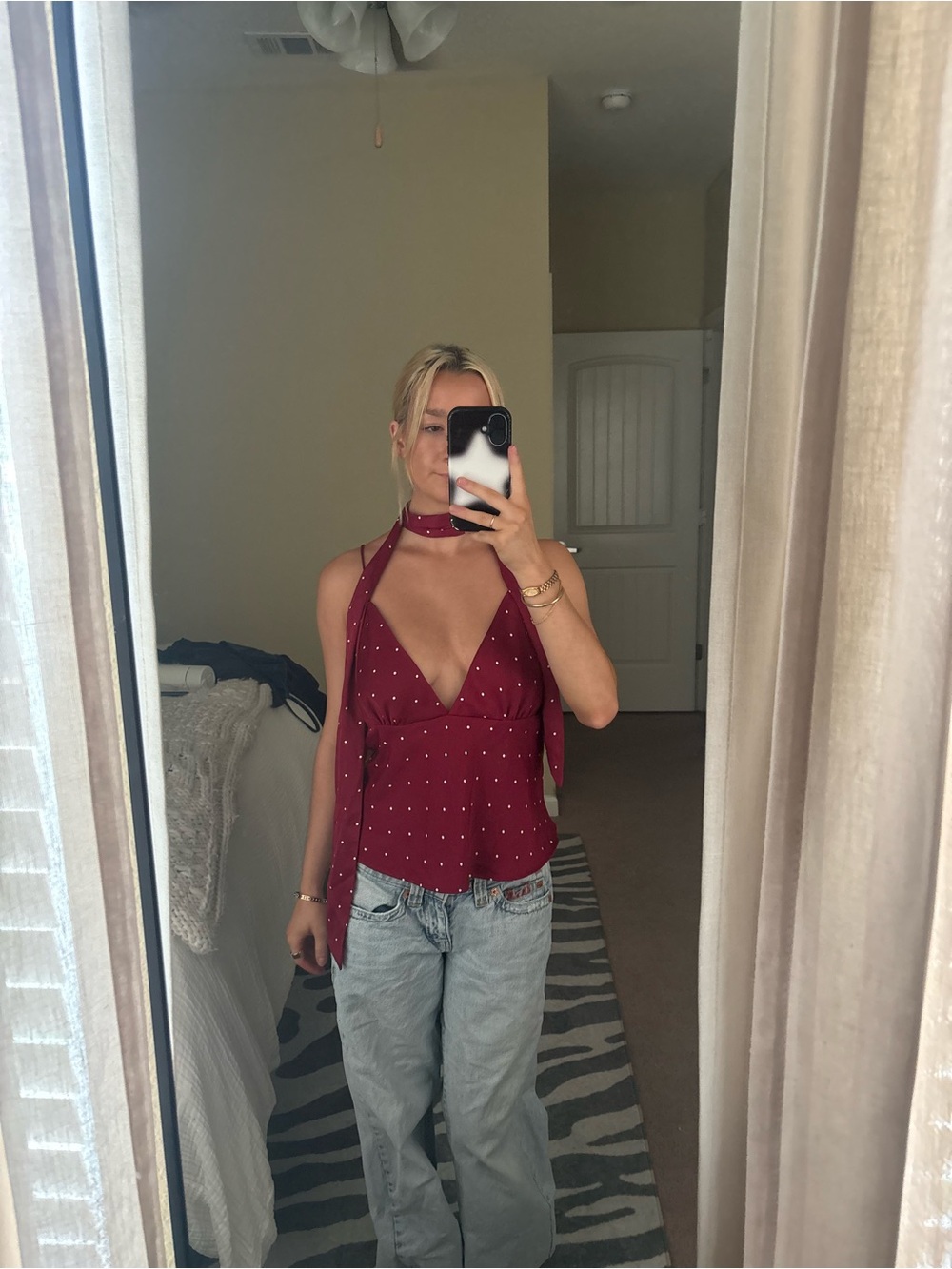 Anthropologie Burgundy Polka Dot Halter Camisole with Neck Tie